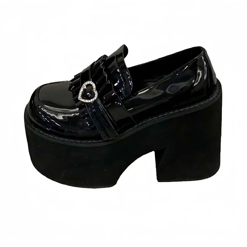 

11cm Heels Woman Platform Shoes Black Belt Buckle Round Toe Block Heel Shoes Dark-Style Lolita Ladies Wedges Creepers 2026 New