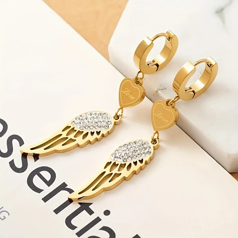 1 pair of elegant stainless steel angel wings pendant earrings, Valentine\'s Day jewelry gifts for women