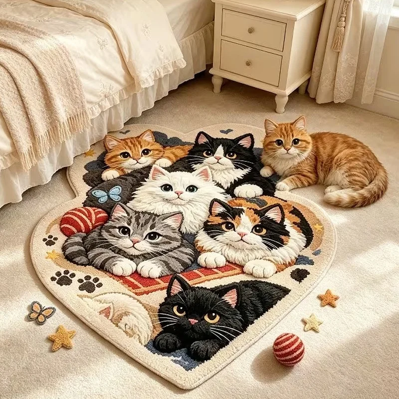 Cute Heart-shaped Multi-cat Pattern Rug Fun Cartoon Home Decoration Bedroom Bedside Carpet for Living Room Washable Floor Mat