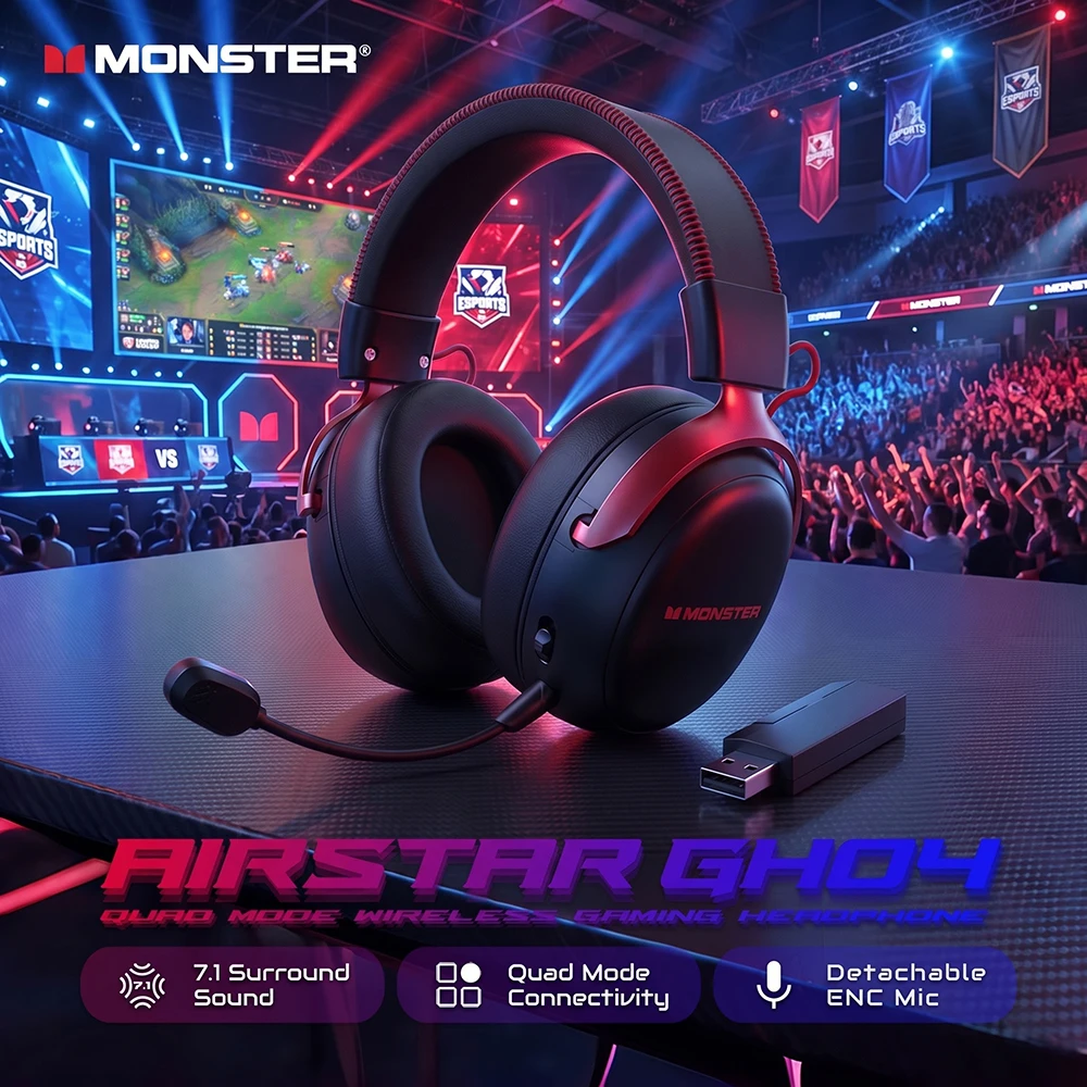 Monster GH04 Wireless Gaming Headphone 2.4G/Bluetooth 6.0 4-Mode 7.1 Surround Sound Esports Gaming Headset with Detachable Mic