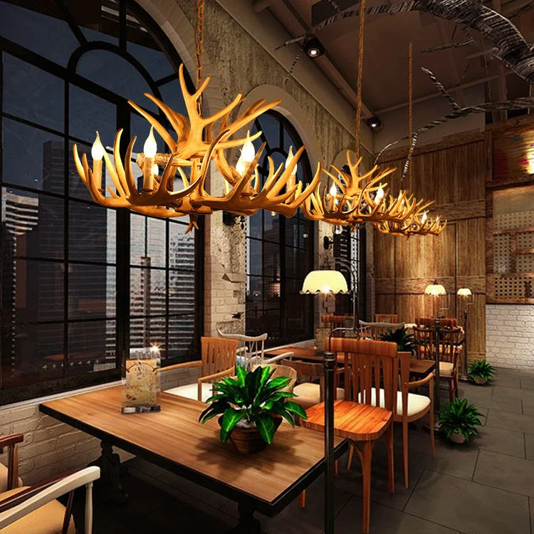 Vintage Antler Chandelier American Retro Deer Horn Brown Pendant Light for Restaurant Dining Room Living Room Hanging Lamps E14