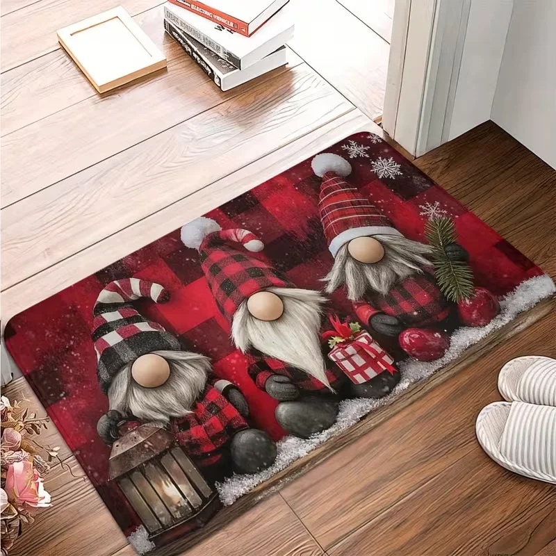 Christmas Gnome Doormat Non Slip Soft Floor Rug Black Plaid Gnome Red Rose Snowflake Entrance Kitchen Holiday Home Decor Carpet