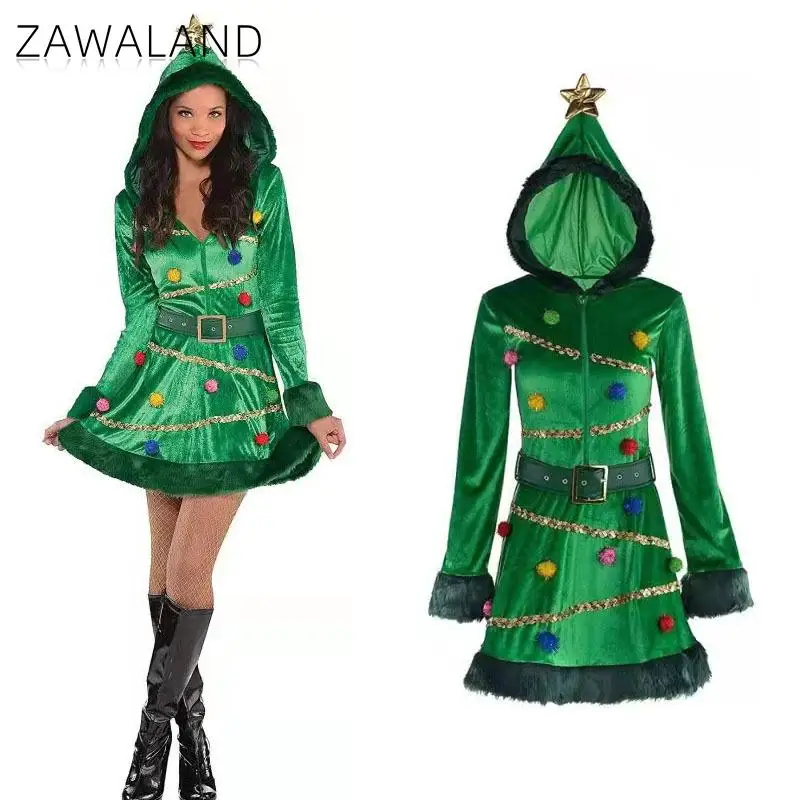 Zawaland Christmas Dresses for Woman Dark Green Hooded Santa Tree Dress Corduroy Xmas Cosplay Costume Holiday Party Clothes