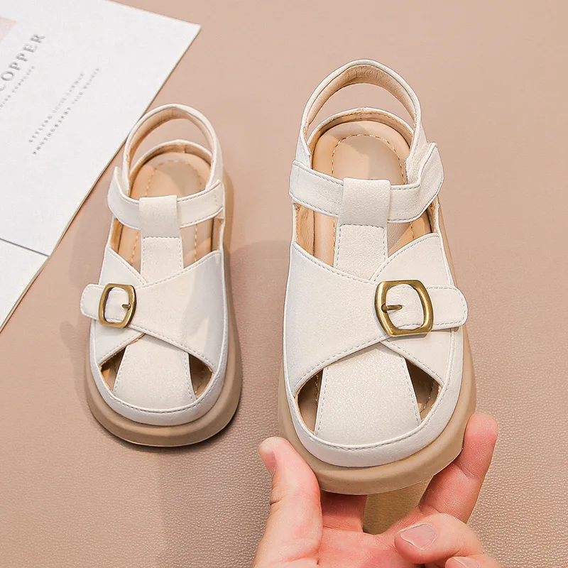 

Kids Leather Shoes Non-slip Minimalism 2025 New Fashion Boys Girls Beach Shoes Hollowed-out Children Sandals Soft Sole Ins Trend