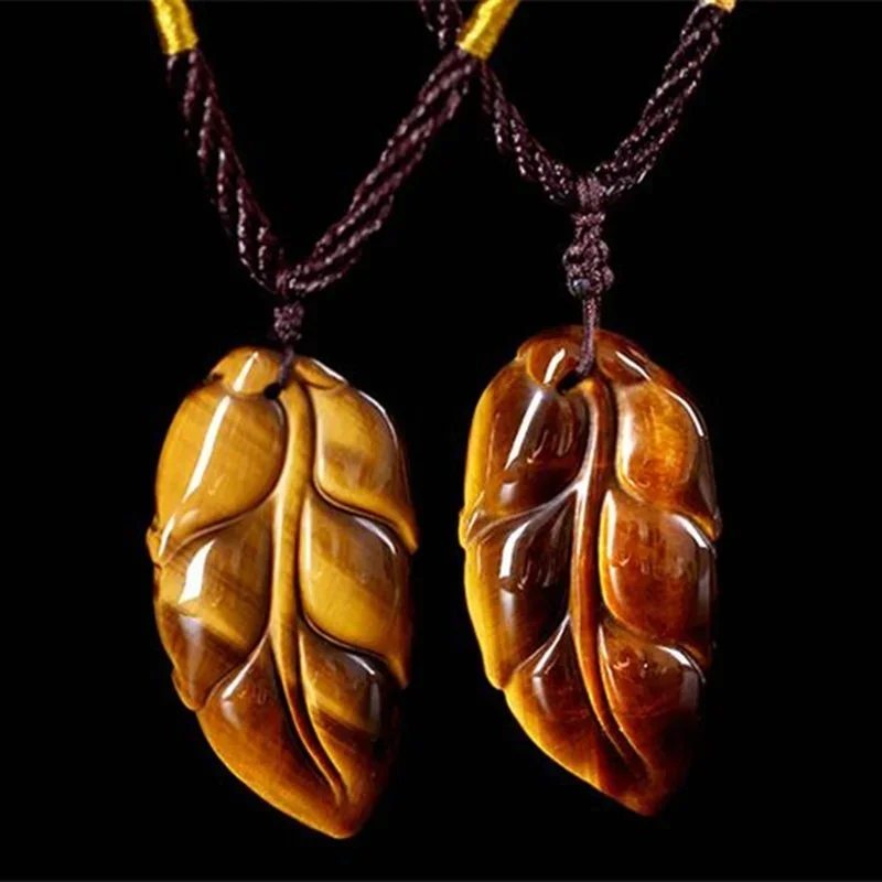 Natural Tiger Eye Stone Jade Leaf Pendant Necklace Fashion Charm Jewelry Carved Amulet Luck Gifts for Women Men Sweater Chain