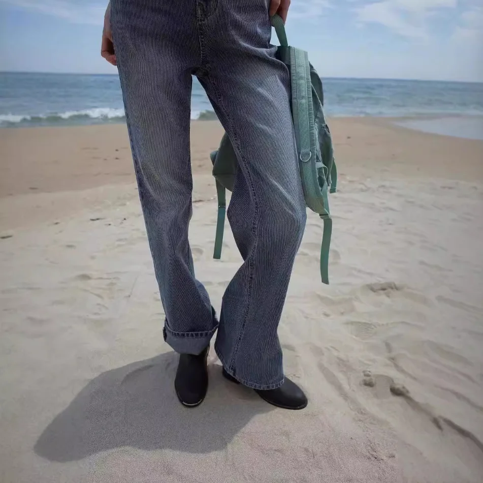 الرجعية Waed مخطط التخسيس عالية الخصر متوهج الجينز الخريف جديد وصول تنوعا الأزرق السراويل الطويلة السيدات Faion الاتجاه #2