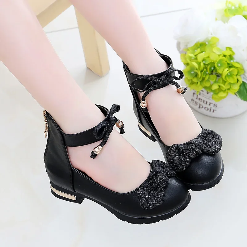 Girls Leather Shoes Low Heel Princess Dress Shoes for Wedding Fashion Bowknot High Top Kids Shoes Soft Sole Comfort Single Shoes