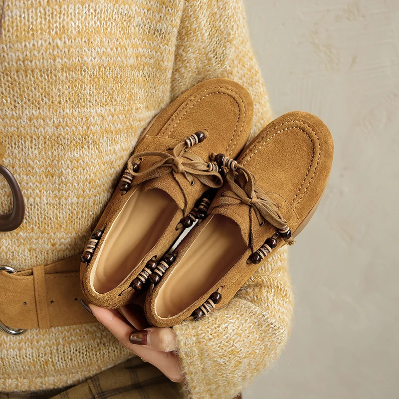 2026 new spring summer women pumps natural leather 22-25cm cow suede+pigskin+cowhide round toelace-up women shoes fashion