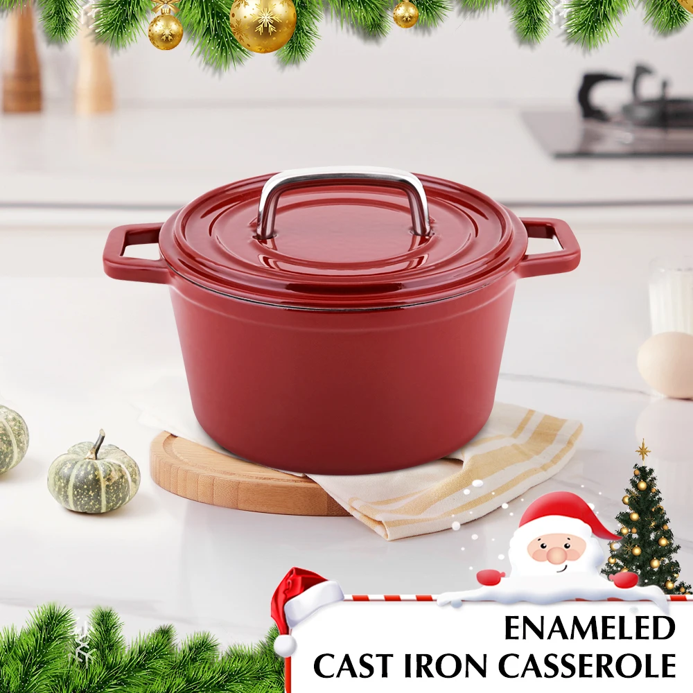 

Cast Iron Casserole Pot, Enamel Roasting Dish with Lid Oven Safe, 20 cm Stock Pot for Kitchen Baking Braising Roasting, Red