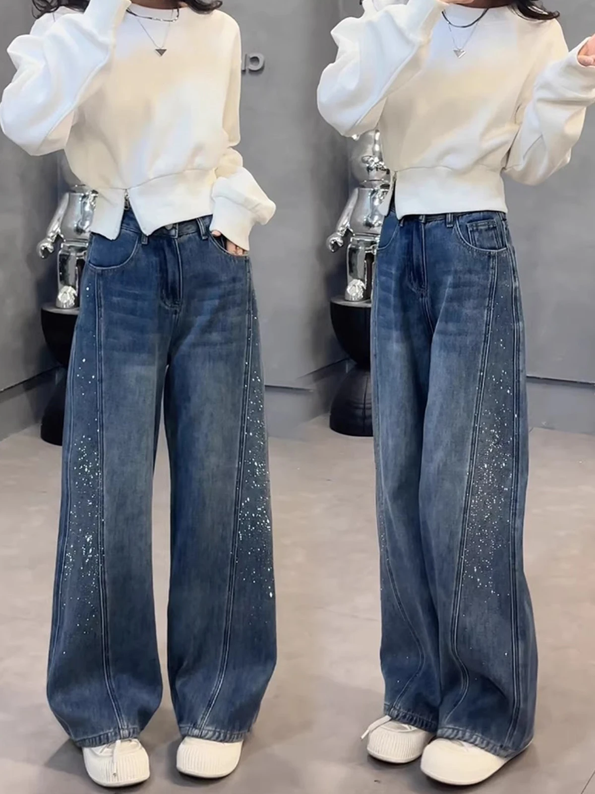 

Fce Lined Denim Jeans Women's Spring High Waist Slimming Drapey Wide Leg Pants Knife Design Rhinestone Detail