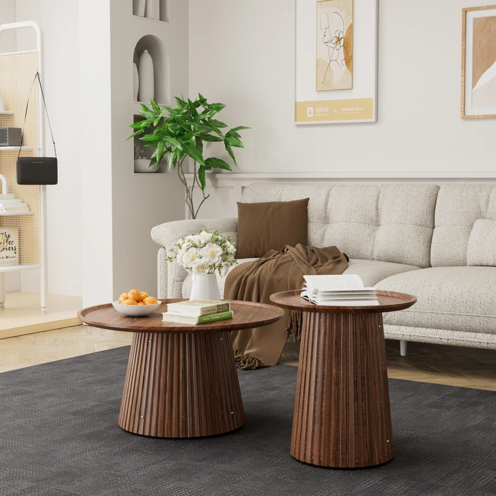 This Multi-functional Round Coffee Table Set Includes A Large and A Small Wooden Center/side Table The Flexible Arrangement Creates A Sense OfDepth and Visual Interest The Finely Textured Modern Walnut Veneer Makes It Suitable for Living Rooms and Offices