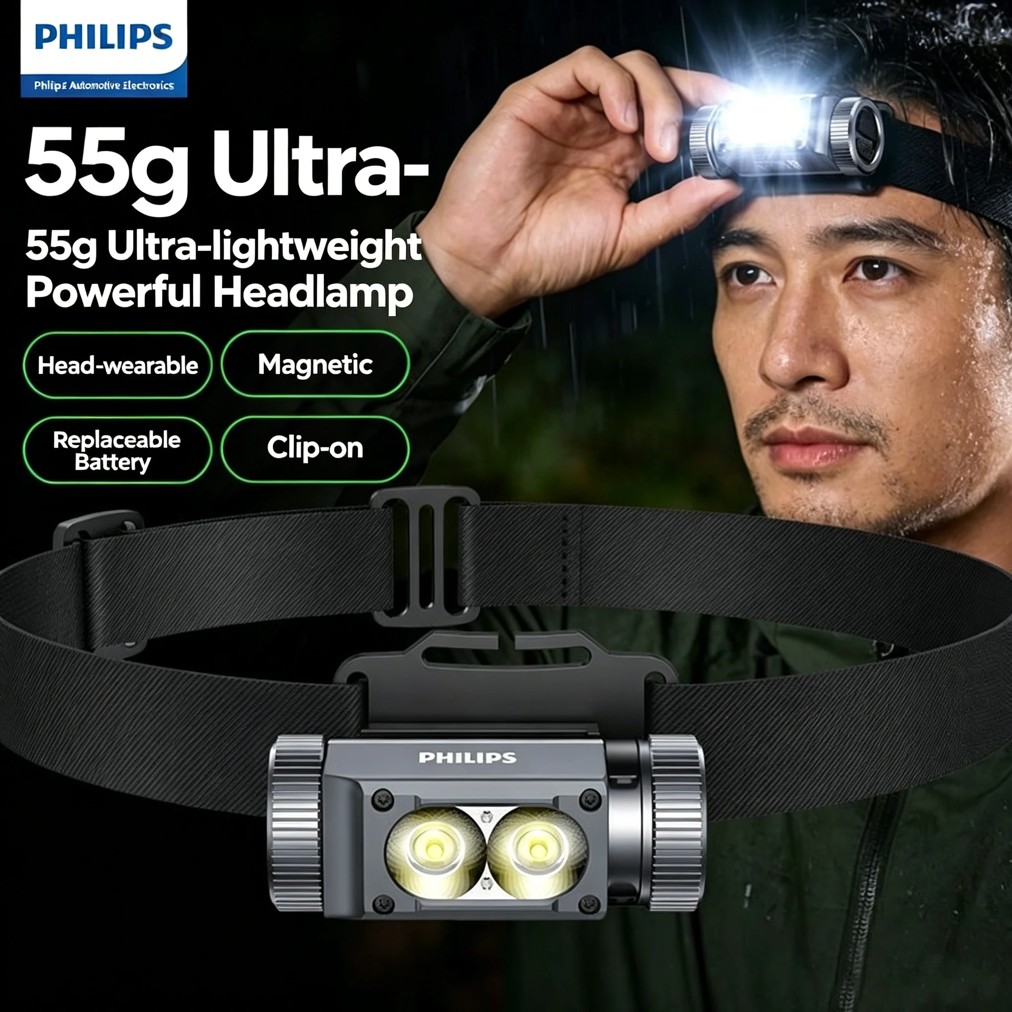 

Philips SFL3351 Ultra-Light Headlamp,Detachable Battery,Adjustable Headband,Outdoor Flashlight for Working Running,Off-road use