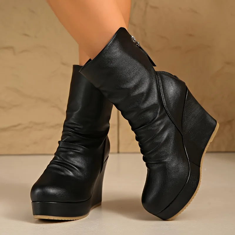 المرأة منتصف العجل أسافين أحذية الشتاء موضة جديدة حذاء كاجوال المرأة أنيقة عالية الكعب جولة تو منصة حذاء أسود النساء