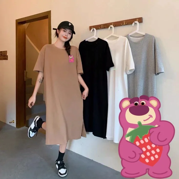 Miniso Strawberry Bear T-shirt Skirt Cartoon Lotso 40-90kg Loose Leisure Style Lone Brown Colours Shortsleeved Soft Uniquedress