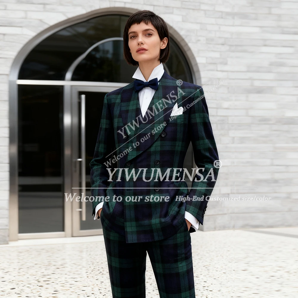 Classic Plaid Checks Suit Women 2 Pieces Sets British Style Double Breasted Jacket Pants Lady Business Office Attire Tuxedos