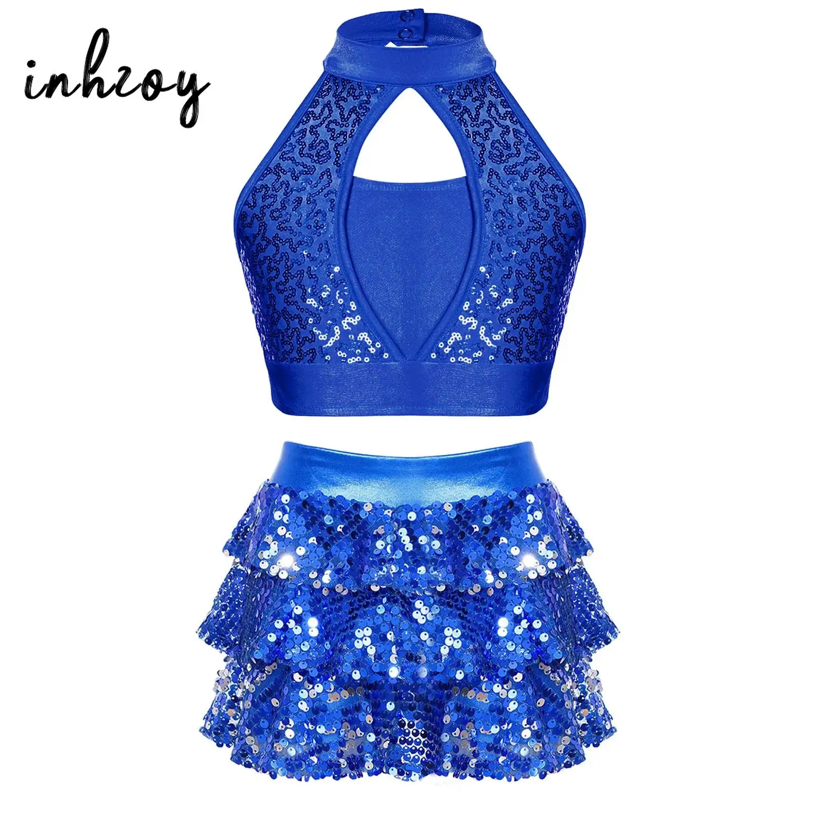 

Big Girls Modern Jazz Latin Ballet Dance Costume Outfit Shiny Sequined Crop Top with Tiered Ruffle Skirted Shorts Dancewear Sets