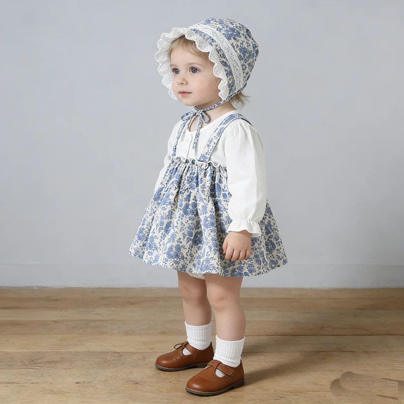 2026 New Spring 0-24M Baby Girl Clothing Toddler Baby Girl Romper+Hat Long Sleeved Cotton Splicing Korean Style Climbing Suit