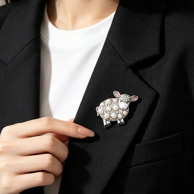 Cross border retro pearl rhinestone lamb brooch, zodiac sheep shaped chest flower, women's suit coat brooch