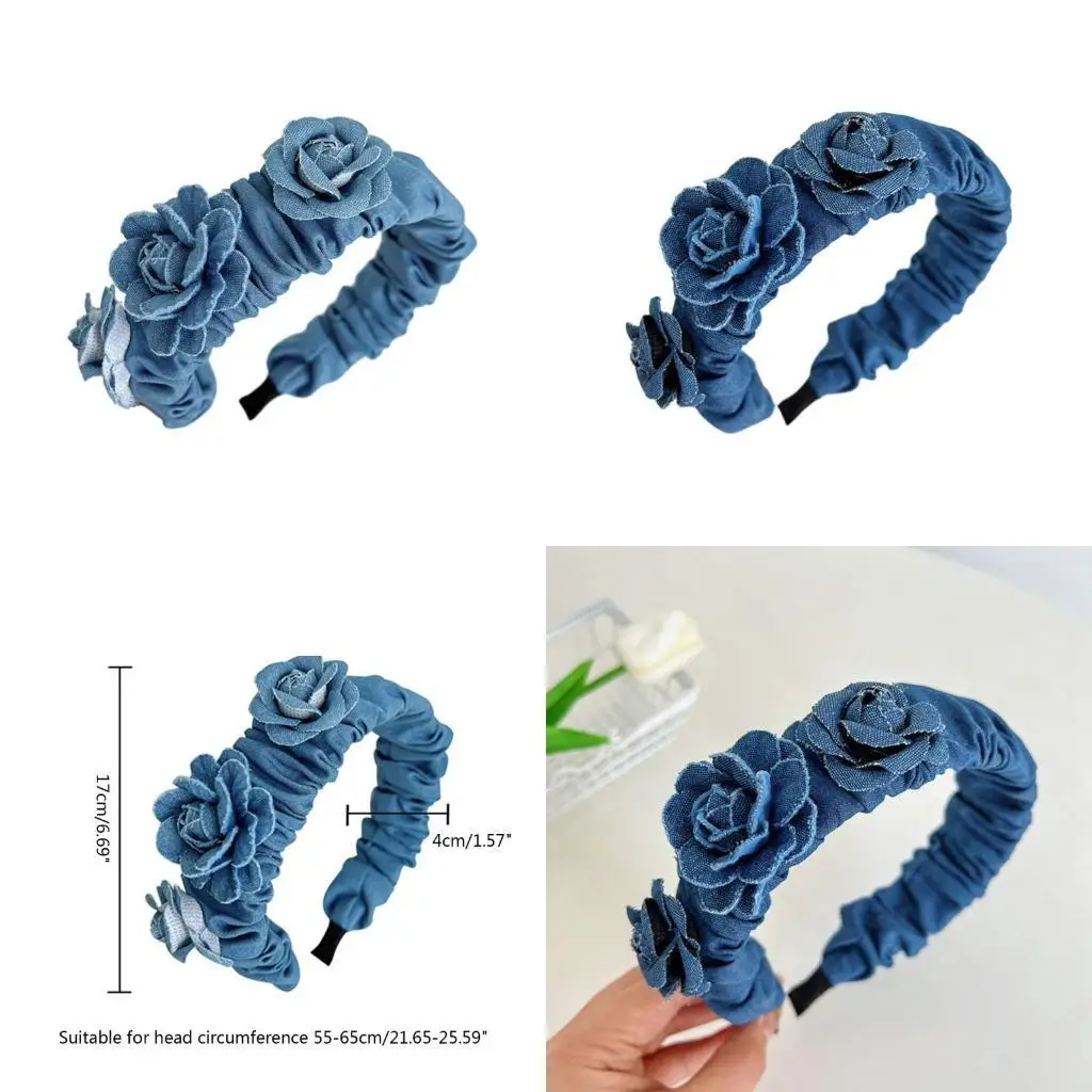

A52E Pleated Headband for Woman with Rose Washed-Denim Headbands Non-slip Headbands Sweet Hairbands Yoga Supplies