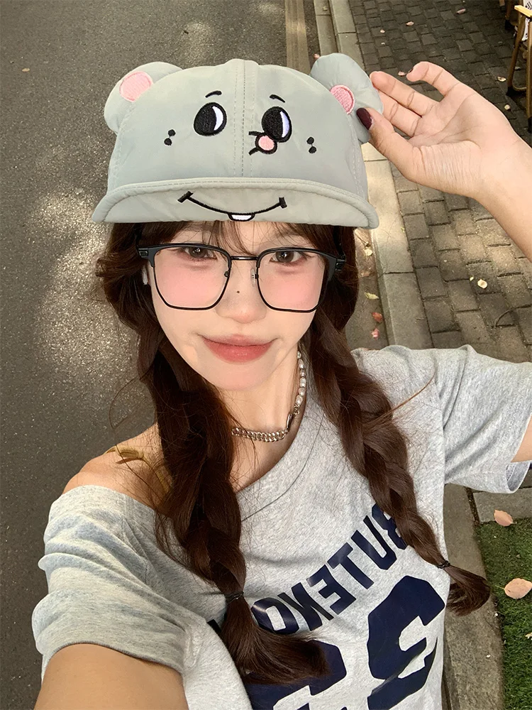 Cute Cartoon Grey Mouse Big Rat Ear Cap Women's Summer Breathable Face Slimming Baseball Cap Sweet Style Short Brim Duckbill Hat