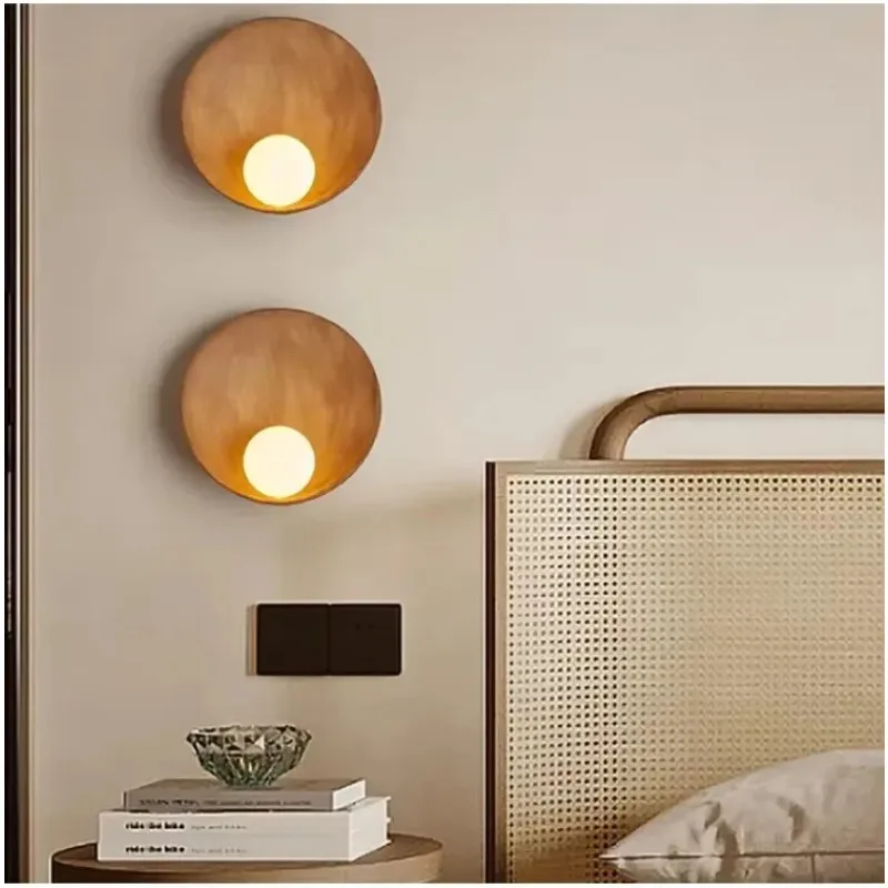 White Brown Shell Round Led Wall Lamp Japanese Creative Lighting Homestay Bedroom Corridor Resin Wall-mounted Sconces Home Decor