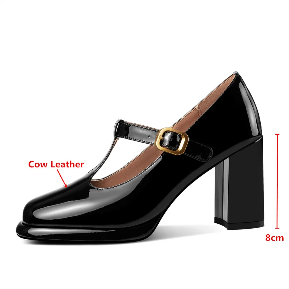 MILI-MIYA Classic Mary Janes Shoes Women Cow Leather Pumps Round Toe Buckle Strap Thick Heels Big Size 34-40 Office Career Shoes