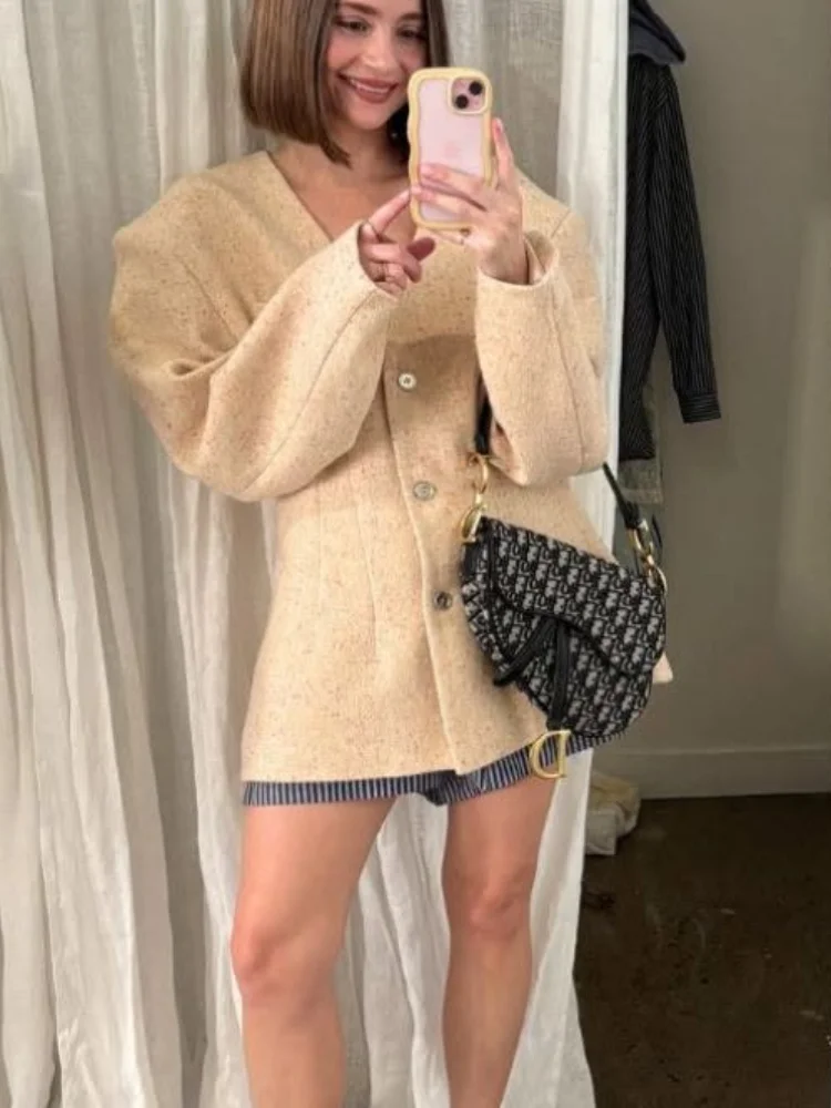 

V-neck Single Breasted Woolen Short Jacket Women Casual Full Sleeve Pocket Slim Outwear Lady New Daily Commuting Street Jackets