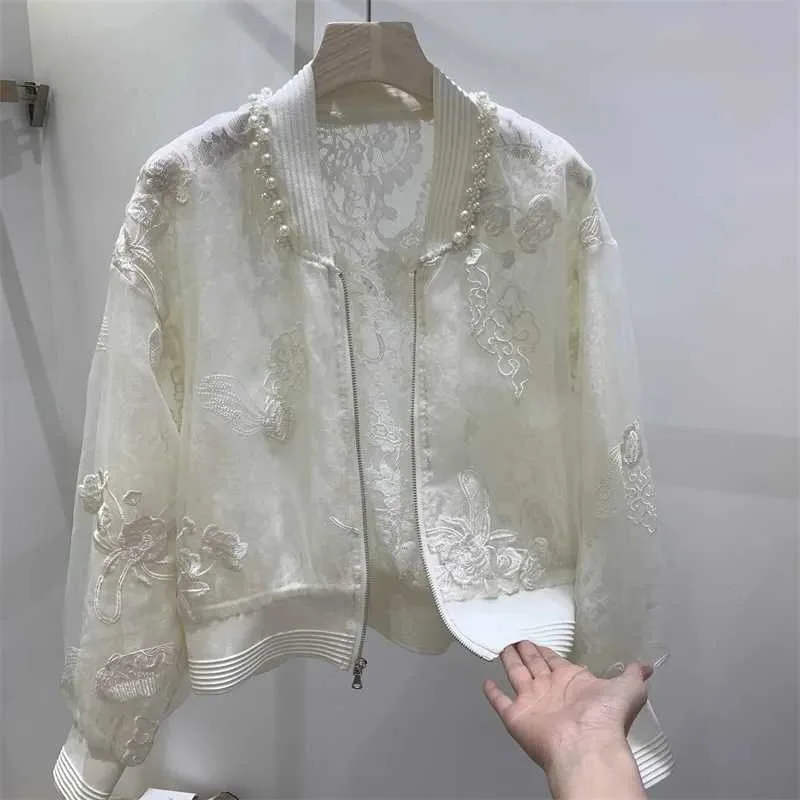 Women's Off-White Sheer Mesh Bomber Jacket with Floral Embroidery and Pearl Trim Lightweight Zip-Up Casual Coat