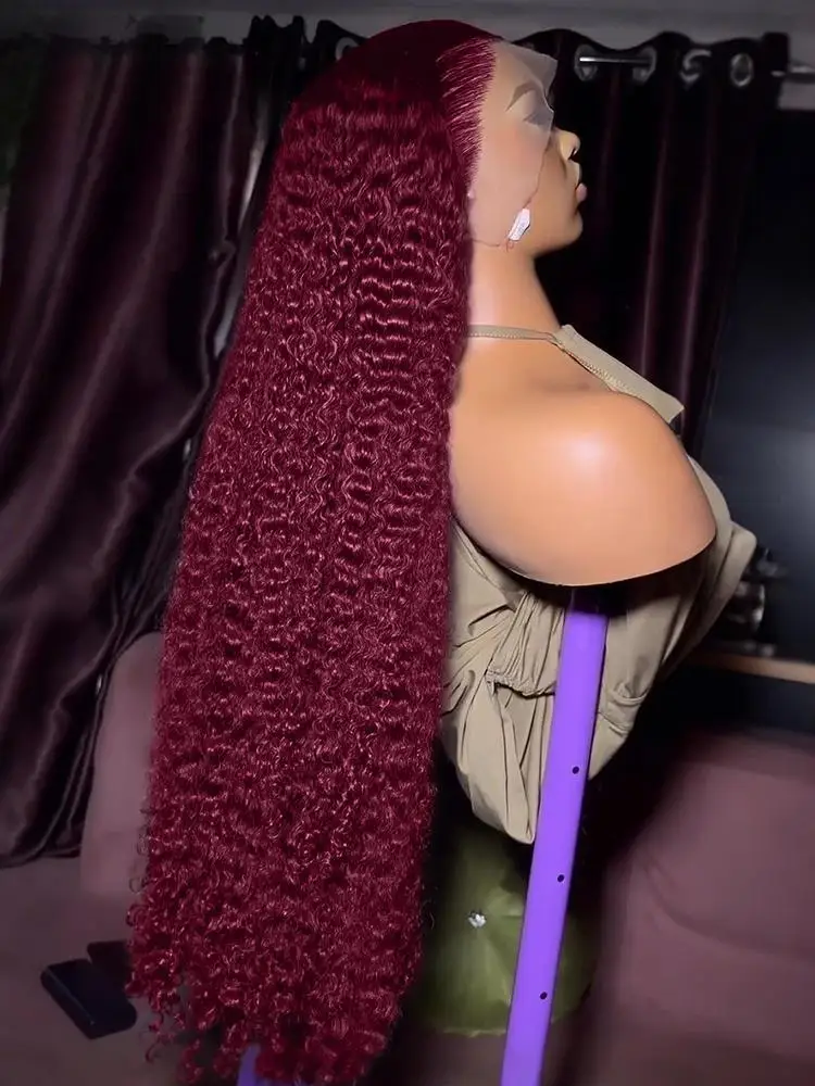 

30 36 Inch Curly Water Wave 13x6 HD Lace Front Wig 250 Density Deep Wave 99J Burgundy 13x6 Lace Frontal Wig Human Hair For Women