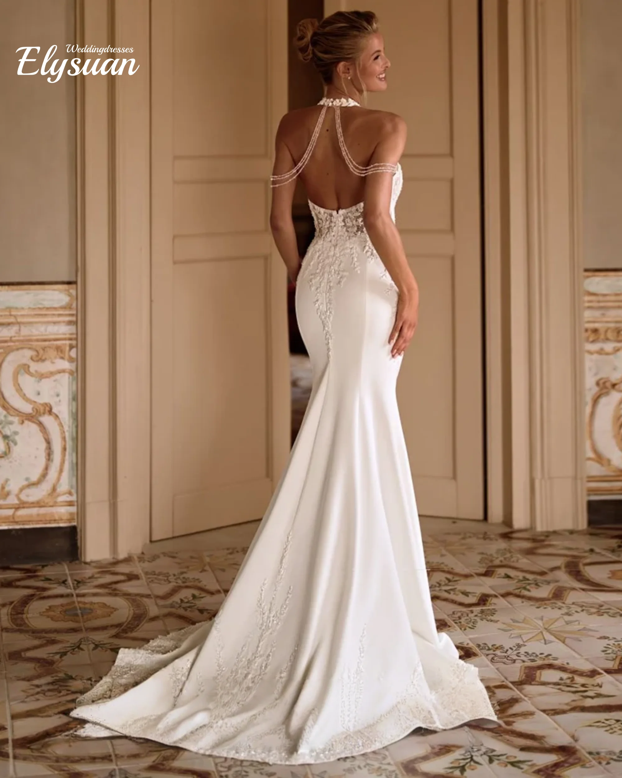Customized Sexy Mermaid Wedding Dresses Bridal Gown Halter Sleeveless Open Back Beading Applique Sweep Train B Vestidos De Novia