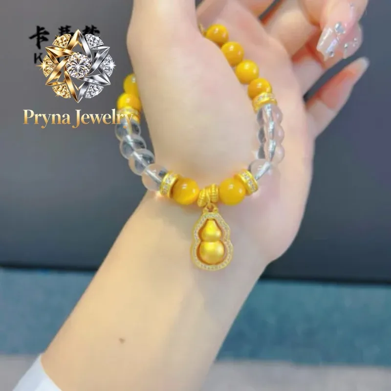 Pryna Jewelry   9999 24K real gold dot diamond rotating hoist tiger eye stone white crystal bracelet women 2024 fashion retro ar