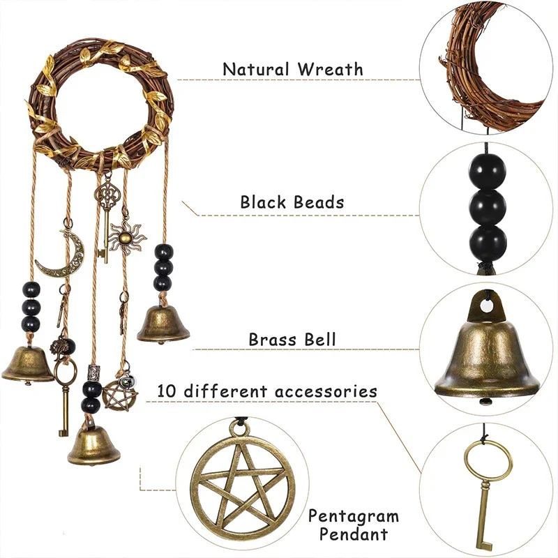 Boho Wind Chime with Bells, Handmade Wicker Wreath Hanging Ornament