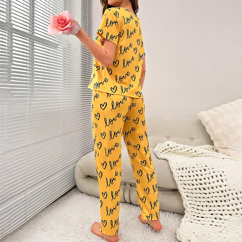 Women\'s Pajamas Set Cartoon Print Sleepwear Pj Short Sleeve Shirt And Long Pants Loungewear Pijama For Women Pyjamas Homewear