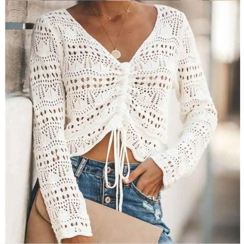 

Женский повседневный вязаный крючком топ с завязками на груди, выдолбленный, полиэфирное волокно, обычный све, летний сезон