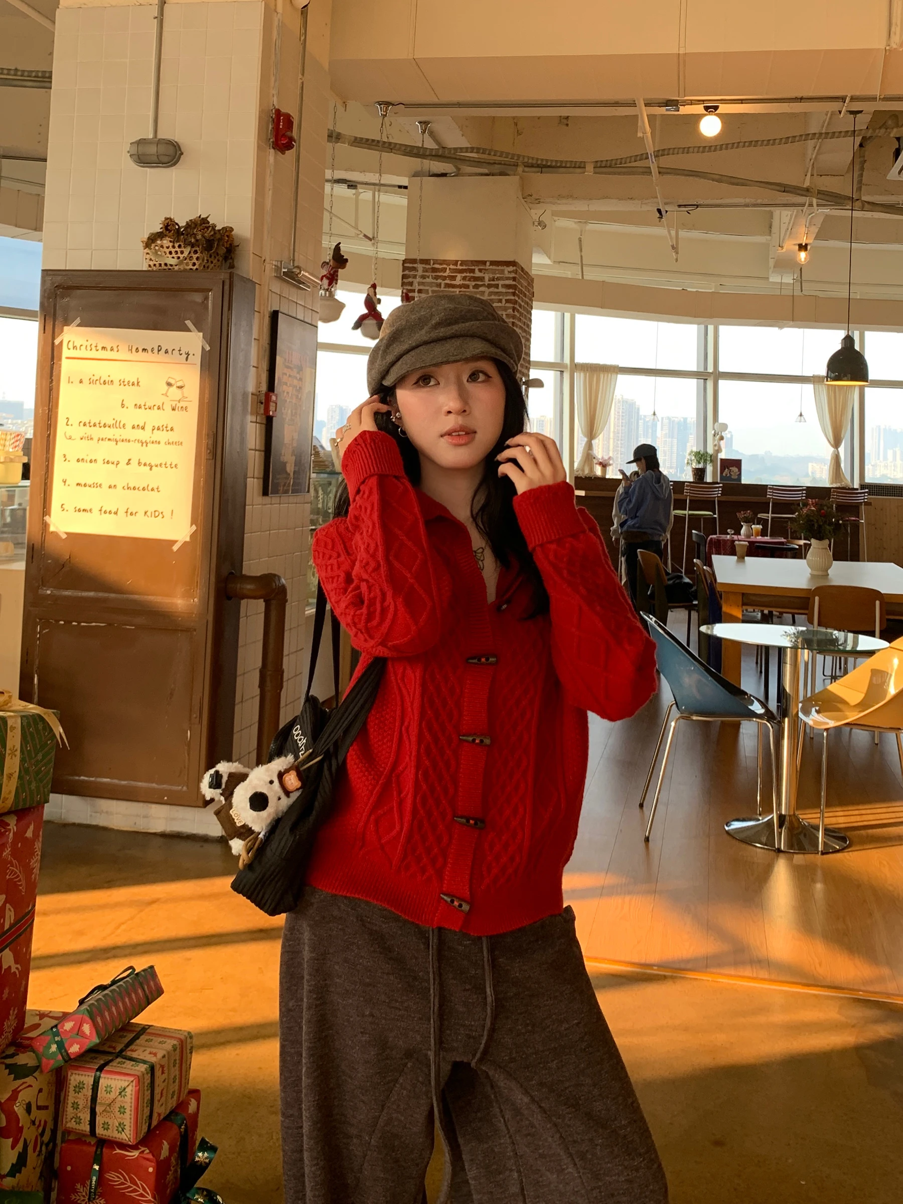 

Женский вязаный кардиган Muziyang с длинными рукавами, красный, свободного кроя, на весну-зиму, теплый, повседневный, модный топ