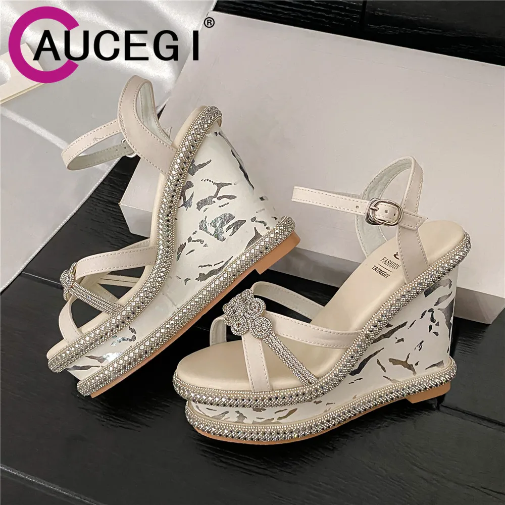 

Aucegi Popular Women Peep Toe Platform Sandals Flower Rhinestone Wedges Heels Party Fashion Buckle Strap Dancing Dress Shoes