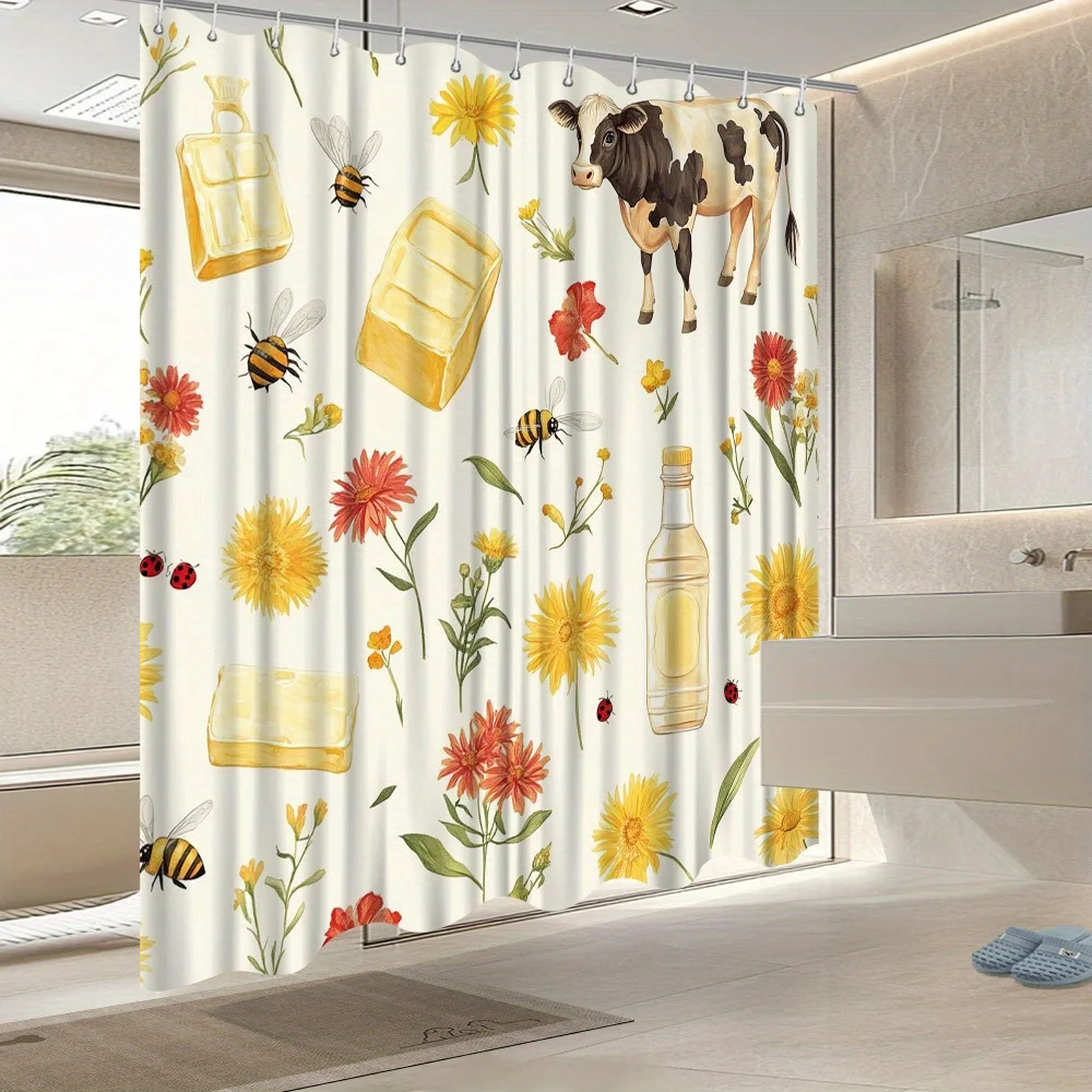 

Занавеска для душа в фермерском доме — акварельная корова и цветы, уютный деревенский декор для ванны, прочный полиэстер