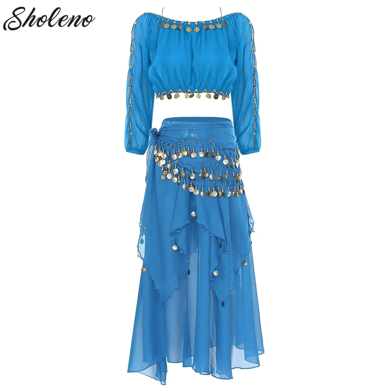 

Belly Dance Costume Set for Women Adults Long Puff Sleeve Crop Top+Chiffon Skirt+Waist Chain Adult Oriental Bellydance Outfits