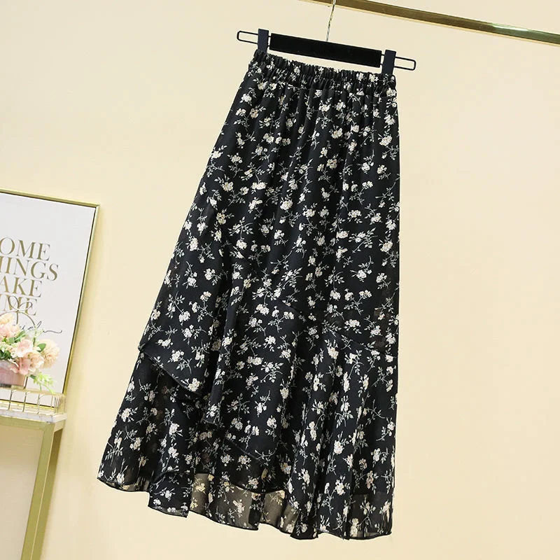 New Summer Women Chiffon Floral Fat Sister Covering The Crotch Showing A Thin Irregular A-line Skirt