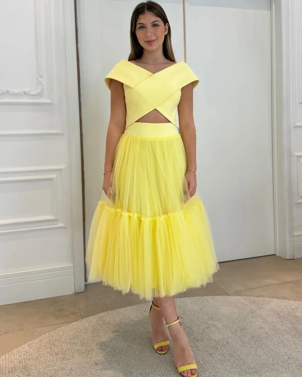 Customized Pastrol Net Criss-Cross A-line Off-the-shoulder Midi Dresses Evening Dresses Simple Retro Fashion Elegant Exquisite H