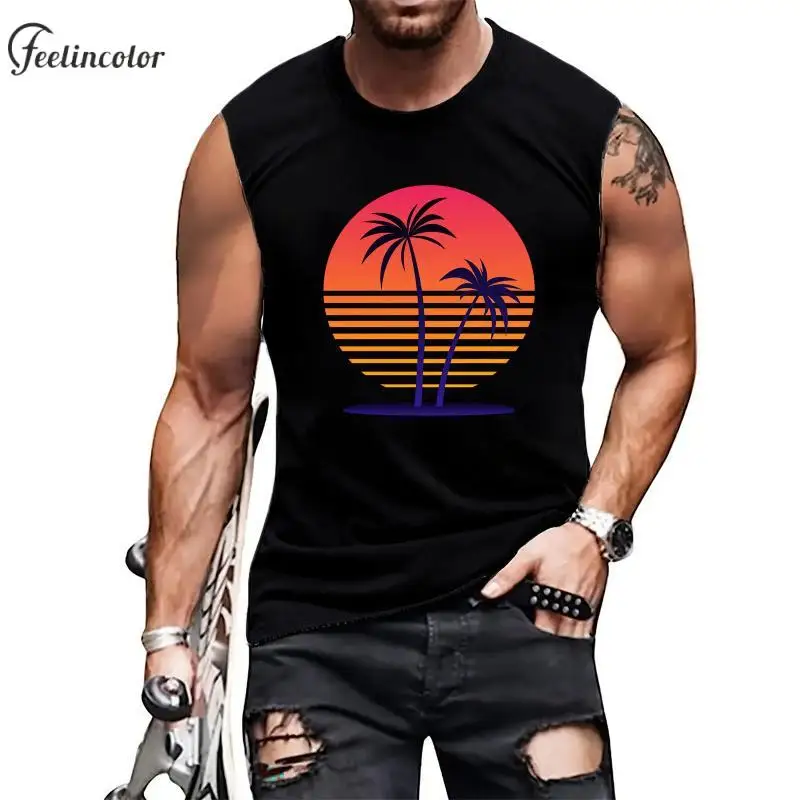 Sunsets Graphic Tank Tops for Men Summer Vibes Printing Vest Casual Fashion Loose Sleeveless T-Shirts Black Male Clothes