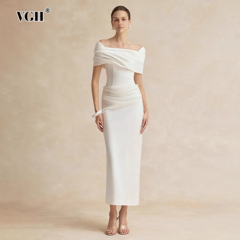 VGH temperamento sólido vestidos adelgazantes para mujeres cuello cuadrado manga corta cintura alta primavera elegante vestido de cena femenino nuevo
