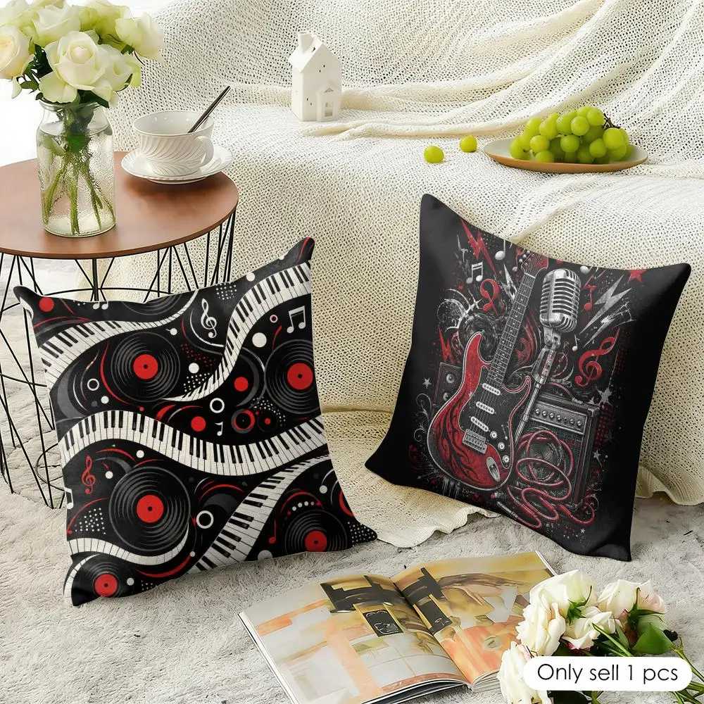 Music Piano Jazz Note Pattern Cushion Cover Natural Linen Organic Fabric Double-Sided Printing Breathable Perfect For Home Decor