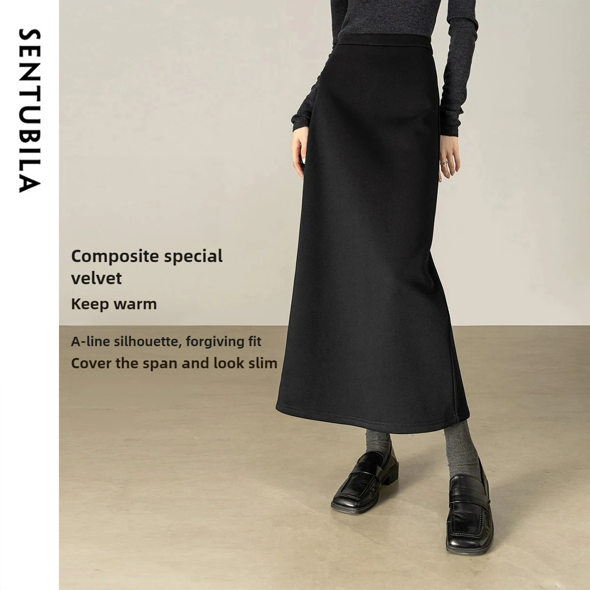 

SENTUBILA Women's A-Line Skirt 2025 Winter New Fleece-lined Back Center Slit Design Casual Warm Women's Clothing 154QN3728