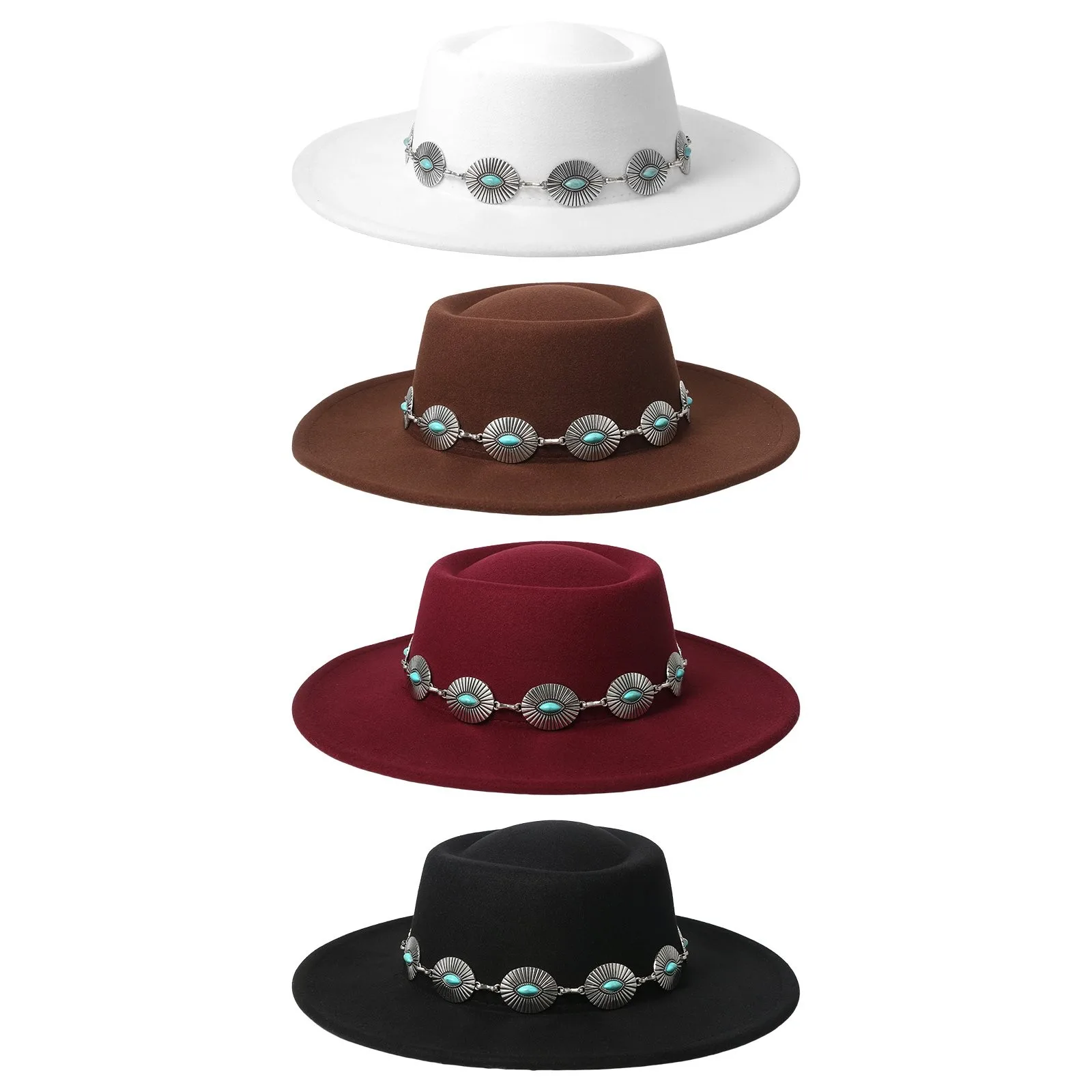 Unisex Turquoise Fedora Hat Wide Brim Retro Flat Brim Hat for Men Women Silver Tone Trim Vintage Western Sun Hat