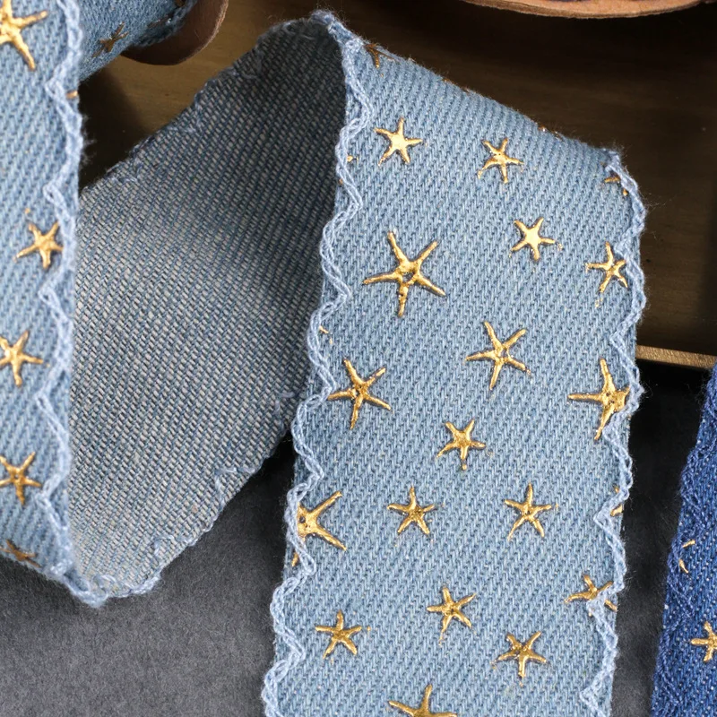 10 Yards 25MM/40MM Gold Five-Pointed Star Lace Edge Denim Ribbon Hair Bows DIY Crafts Handmade Accessories Ribbons