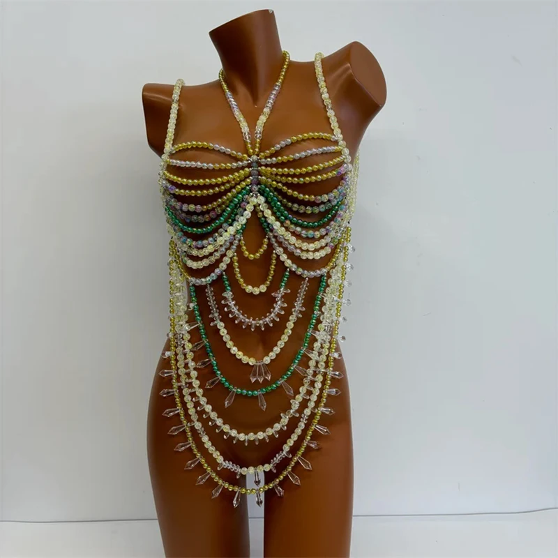 Damen-Oberteile Perlenbesetztes Bralette Festival-Weste Club-Bikini-BH-Top Perlen-Bustier Strandkleidung Lingerie Damen-Rave-Kleidung Tanktops – Detail 2