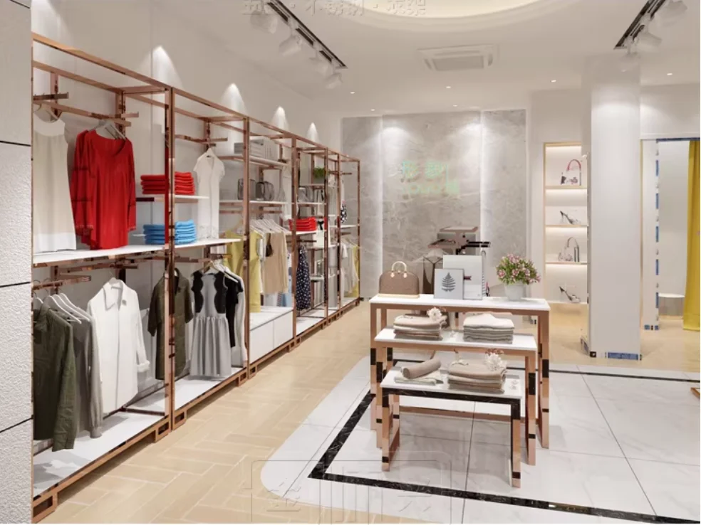 High-grade stainless steel rose gold clothing store display rack hanger men's and women's clothing against the wall floor