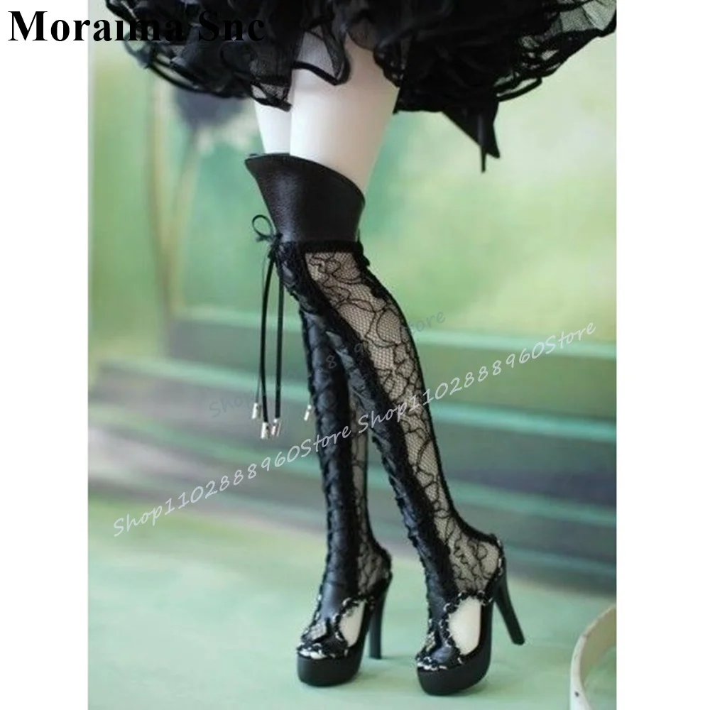 

Over The Knee Black Lace Platform Sandal Boots Thin High Heel Women Shoes Cross Tied Peep Toe 2025 Fashion Zapatos Para Mujere