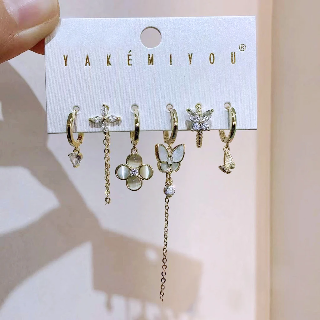 6pcs/set Cat Eye Stone Flower Butterfly Pendant Dangle Earrings for Women Gold Plated Copper Jewelry
